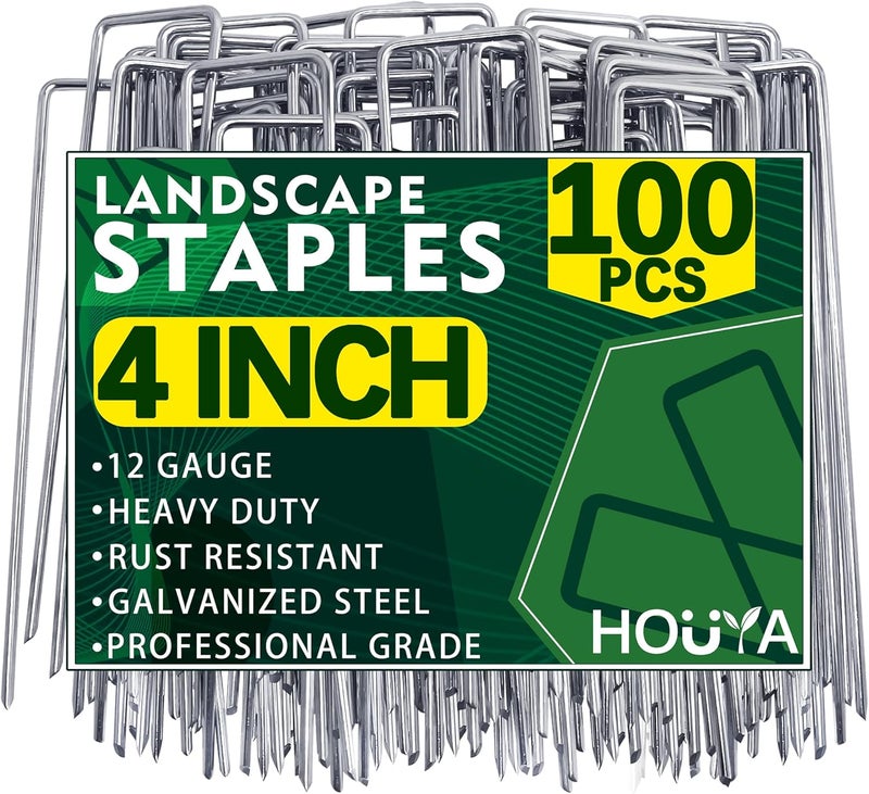 Houya 100 Pack Landscape Staples 4 Inch 12 Gauge Garden Stakes Galvanized Garden Staples Pins Anti-Rust Ground Stakes for Weed Barrier, Irrigation Tubing, Yard Lawn, Landscape Fabric - Image 1
